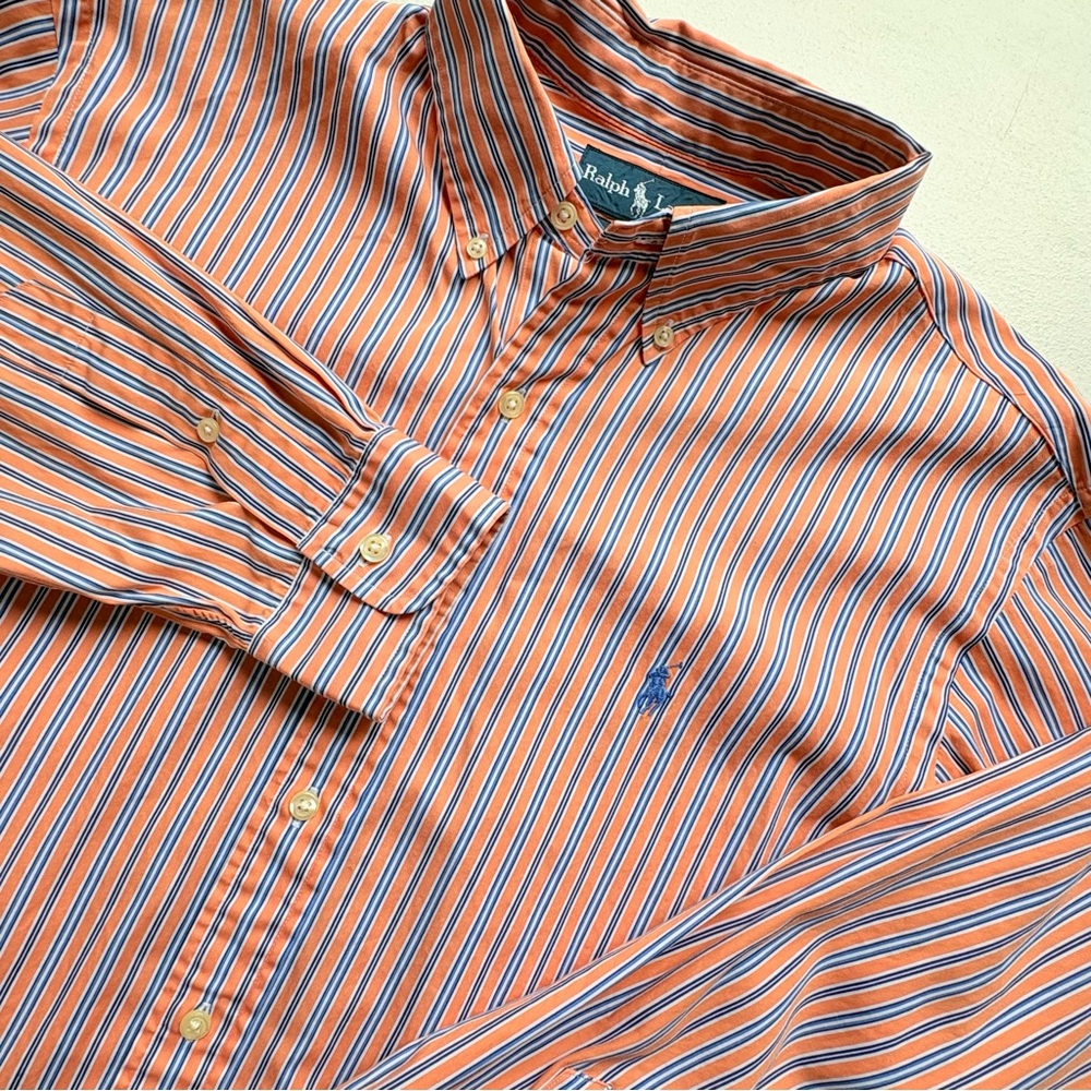 Ralph Lauren Custom Fit Orange Peach & Blue Long Sleeve Shirt Blue Pony Large